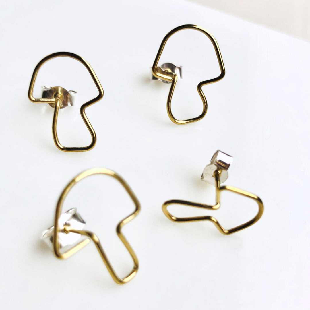 Whimsical Brass Mushroom Stud Earrings